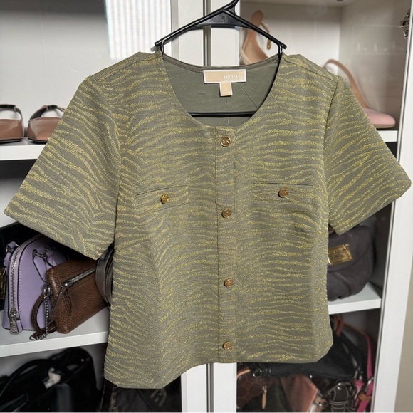 NWT Michael Kors Olive Green and Gold Zebra Pattern Button Up Short Sleeve Top - Picture 2 of 5